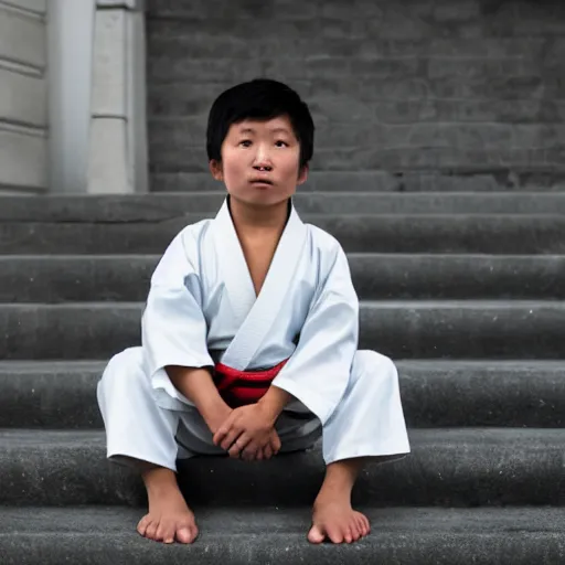 Prompt: sad asian kid wearing karate gi sitting on stairs, photo, detailed face