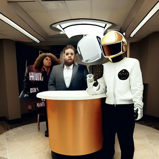 Prompt: Jonah Hill X Daft Punk. They are at the Hilton Garden Inn lobby. Hotel lobby. Weird robotman daft punk. Man with helmet. Jonah hill famous actor. Meeting. Hilton. 4k photography