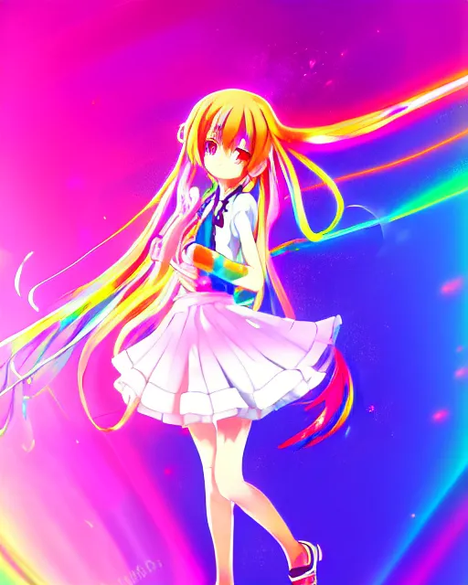 Image similar to anime style, vivid, expressive, full body, 4 k, painting, a cute magical girl idol with a long wavy colorful hair wearing a colorful dress, correct proportions, stunning, realistic light and shadow effects, neon lights, studio ghibly makoto shinkai yuji yamaguchi