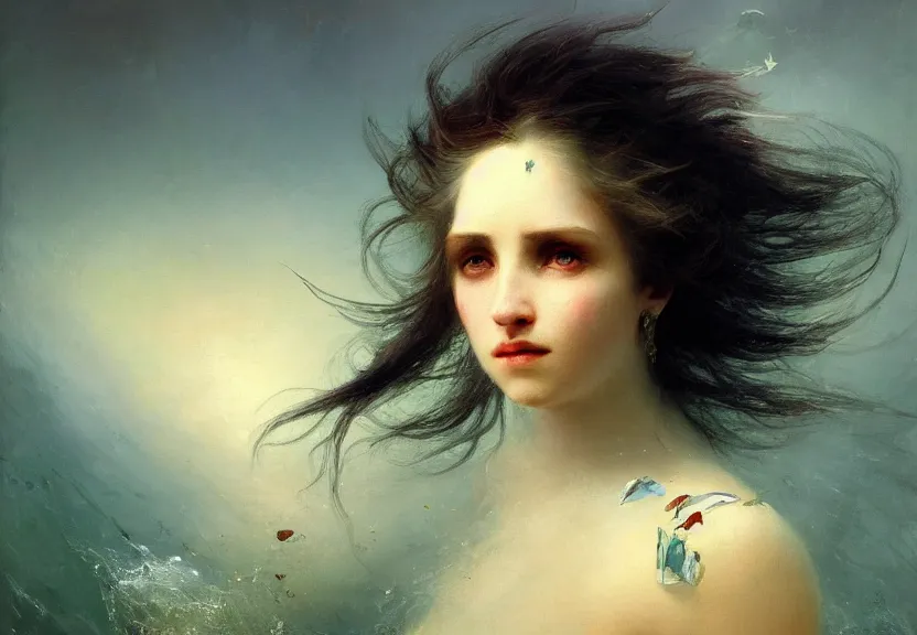 Image similar to three-quarters portrait with papery flaking skin, piercing multi-colored eyes, and under water flowing hair, dreams of the fae; painted in oil on canvas; highly detailed surrealism by Aleksi Briclot and Ivan Aivazovsky; 8k