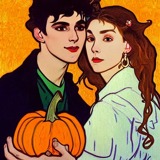 Image similar to painting of handsome young delicate beautiful jeffrey in his 2 0 s with brown hair and gorgeous rina together at the jack o'lantern halloween party holding pumpkins, elegant, clear, painting, stylized, art, art by alphonse mucha, vincent van gogh, egon schiele,