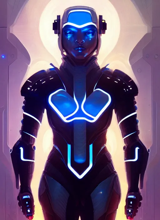 Image similar to symmetry!! portrait of aztez warrior, sci - fi armour, tech wear, glowing lights!! sci - fi, intricate, elegant, highly detailed, digital painting, artstation, concept art, smooth, sharp focus, illustration, art by artgerm and greg rutkowski and alphonse mucha