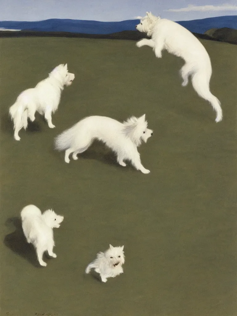 Image similar to a single gray german spitz fights a single white west highland terrier, by edward hopper