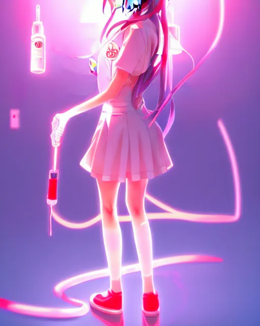 Image similar to anime style, vivid, expressive, full body, 4 k, painting, a cute magical girl with a long wavy hair wearing a nurse outfit, correct proportions, stunning, realistic light and shadow effects, neon lights, studio ghibly makoto shinkai yuji yamaguchi