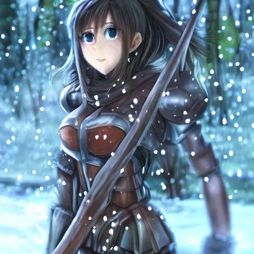 Prompt: portrait focus of knight beautiful 3D anime girl, wood armor wearing, dark forest background, snowing, bokeh, inspired by Masami Kurumada, digital painting, high contrast, unreal engine render, volumetric lighting, high détail