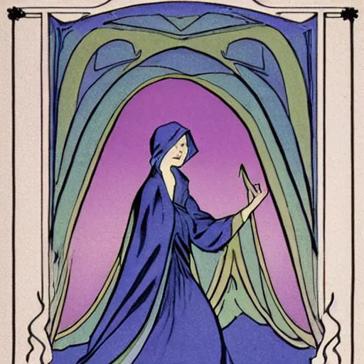 Image similar to a cloaked mage casting a magic spell from her hand toward an ice castle, art nouveau