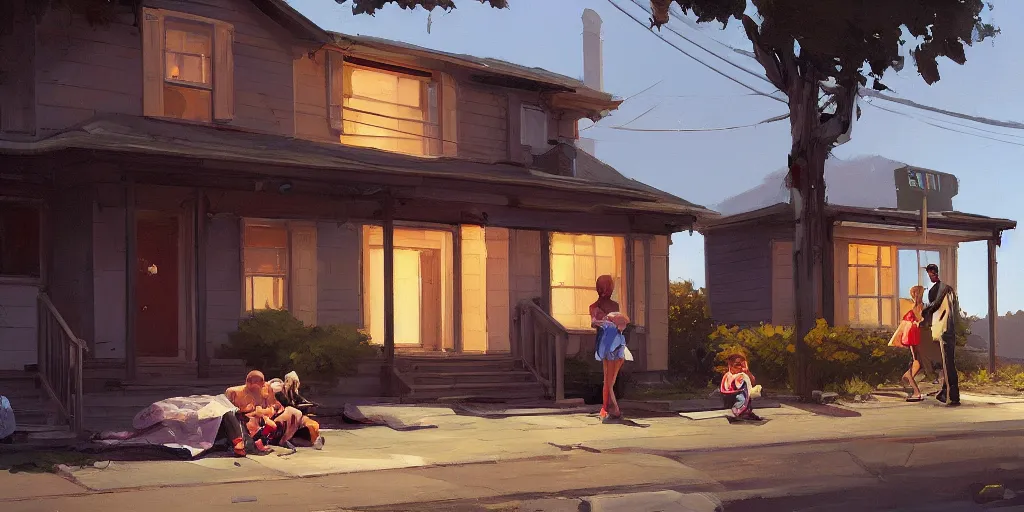 Image similar to empty house with owned by bank sign and homeless family sqatting outside on curb by Craig Mullins, ilya kuvshinov, krenz cushart, artgerm trending on artstation by Edward Hopper and Dan Mumford and WLOP and Rutkovsky, Unreal Engine 5, Lumen, Nanite
