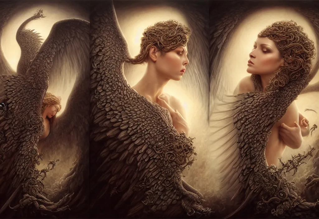 Image similar to picture split from the middle with an border, evil angels with different backrounds, intricate, elegant, highly detailed, realistic hair, centered, digital painting, art station, conceptual art, soft, sharp focus, illustration, artwork, artgerm, tomasz alen kopera, donato giancola, wlop, boris vallejo