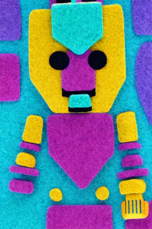 Image similar to a big pile of felt that looks like a anime robot character with colorful blocky details, pointillism