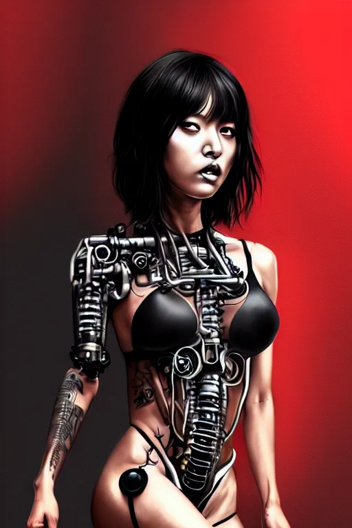 Image similar to gorgeous!! hyper - realistic demon girl with tan skin, short black hair, long bangs, red eyes, tattoos, cybernetic implants | wearing modern streetwear, techwear | intricate, digital painting, illustration, photorealistic, grunge, ultra graphics | drawn by wlop, drawn by jeehyung lee, drawn by argerm