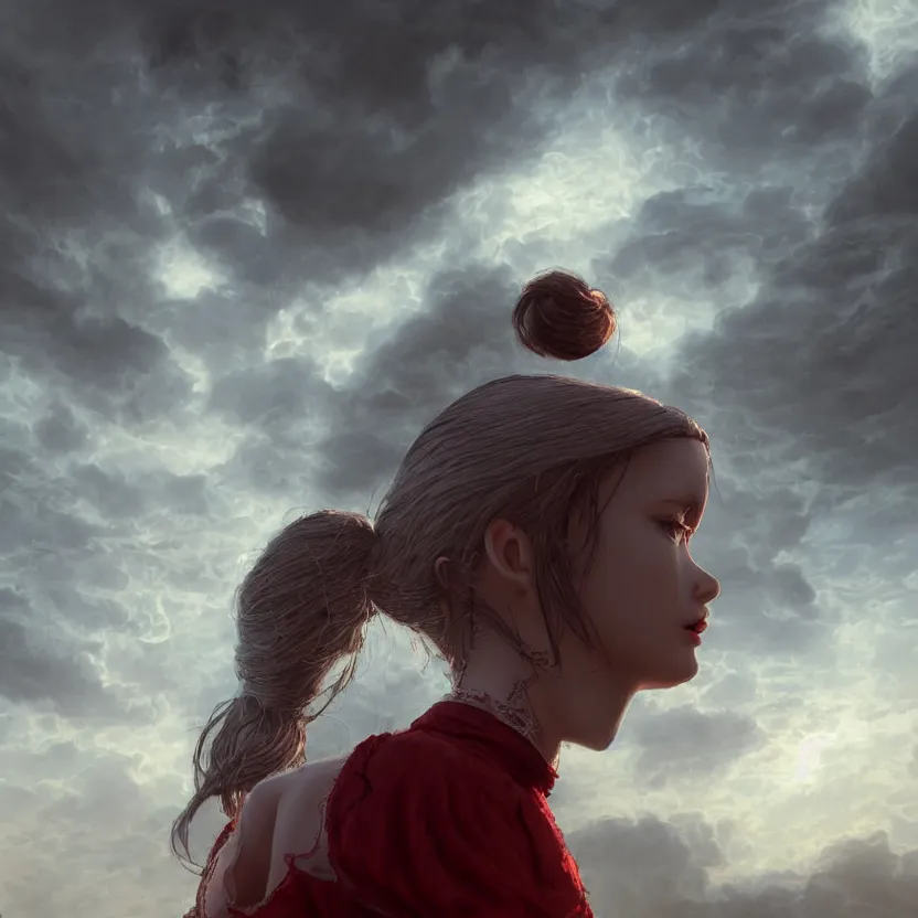 Image similar to a beautiful Cotton Mill Girl, symmetrical, centered, dramatic angle, ornate, details, smooth, sharp focus, illustration, realistic, cinematic, artstation, award winning, rgb , unreal engine, octane render, cinematic light, macro, depth of field, blur, red light and clouds from the back, highly detailed epic cinematic concept art CG render made in Maya, Blender and Photoshop, octane render, excellent composition, dynamic dramatic cinematic lighting, aesthetic, very inspirational, arthouse by Henri Cartier Bresson