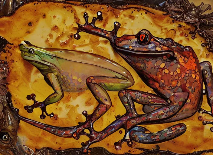 Prompt: frogs and lizards painting carved in amber by chiara bautista and norman rockwell and greg rutkowski weta studio