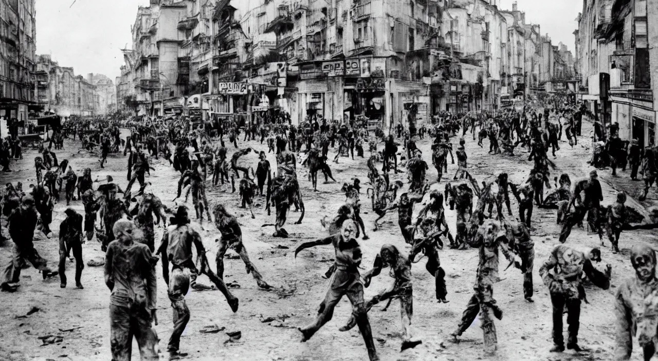 Prompt: a photo of the famous zombie invasion in the streets of Vichy, 2020, vibrant