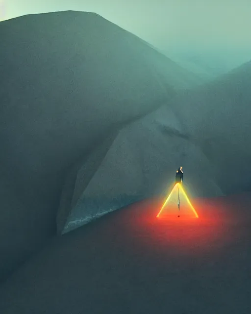 Image similar to a man standing in the middle of a mountain with a glowy triangle, a render by filip hodas, behance contest winner, environmental art, rendered in cinema 4 d, volumetric lighting