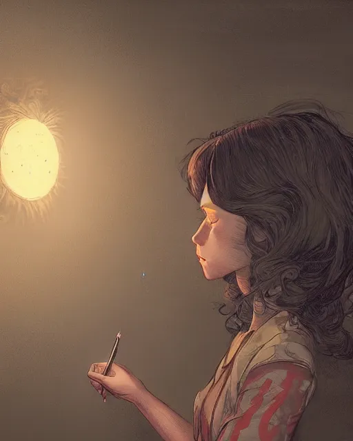 Image similar to a girl writing on a chalkboard, full shot, visible face, ambient lighting, detailed, art by ayami kojima, makoto shinkai, kilian eng