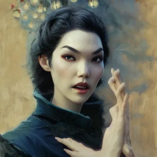 Image similar to detailed cinematic wide shot of tao okamoto beautiful attractive vampire woman slim face symettrical face clean skin blue eyes black robe smooth, sharp focus, ultra realistic, spring light, painting by gaston bussiere, craig mullins, j. c. leyendecker