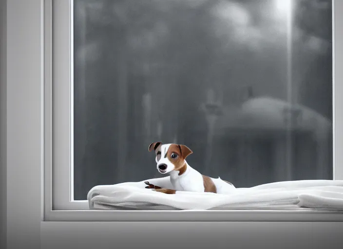 Image similar to photography of a Jack Russel . watching outside the window. on a bed. in a white room. octane render,volumetric light, volumetric fog, photorealistic,, award winning photo, 100mm, sharp, cloth, high res