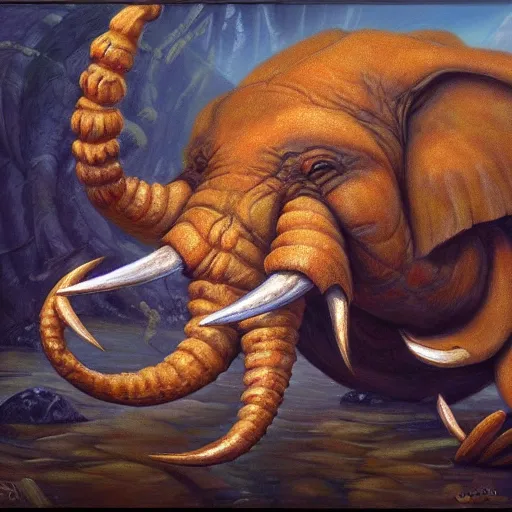 Image similar to elephant - crab creature, oil painting by justin gerard