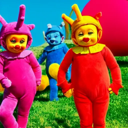 Image similar to teletubbies dressed as clowns