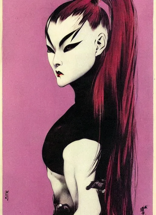 Image similar to portrait of bald korean vampiress, strong line, saturated color, beautiful! coherent! by frank frazetta, high contrast, minimalism