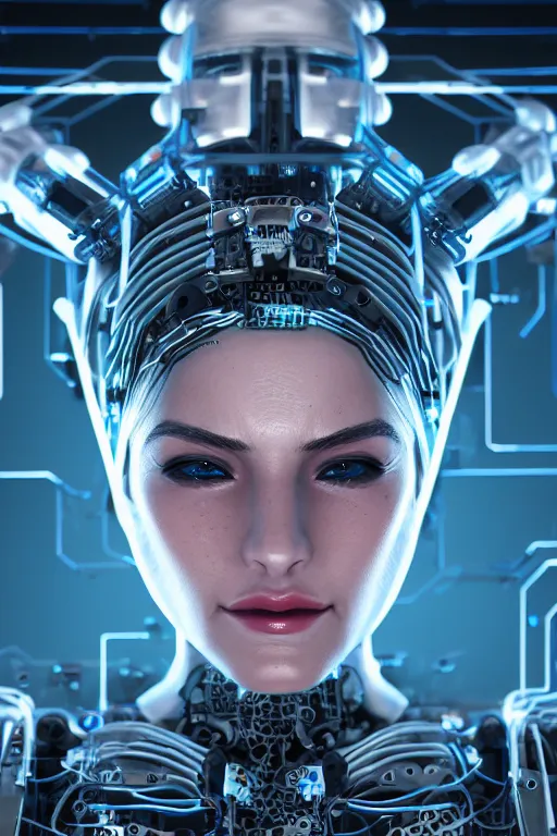 Image similar to close up headshot of a female android, intricately detailed mechanical parts, complicated circuits and wires, beautiful gazing symmetric blues eyes, unreal engine, path tracing, 8k, artstation