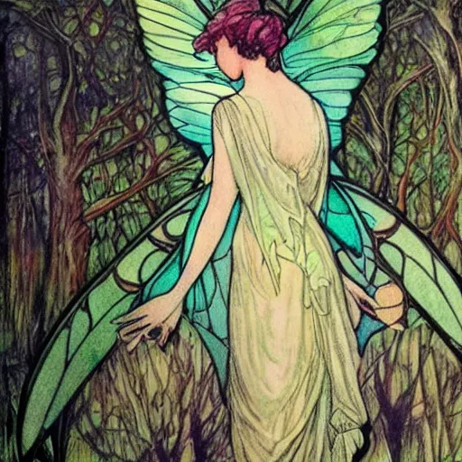 Prompt: a fairy seen from behind, with beautiful wings, in the woods, art nouveau style