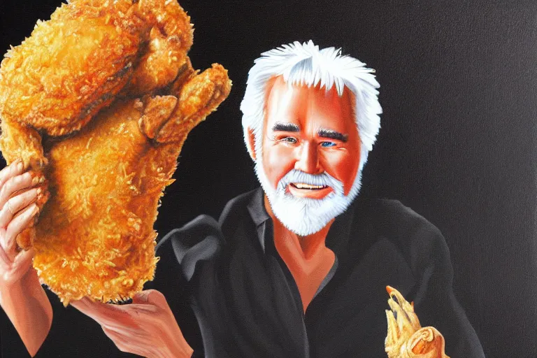 Image similar to black velvet painting of kenny rogers with fried chicken in frame