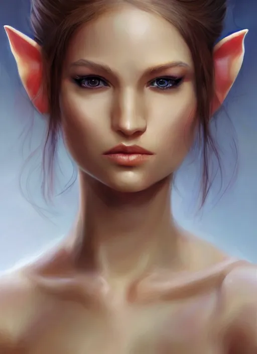 Image similar to A hyperrealistic portrait painting of a hot young female elf with stunning body, DAZ, deviantart, artstation