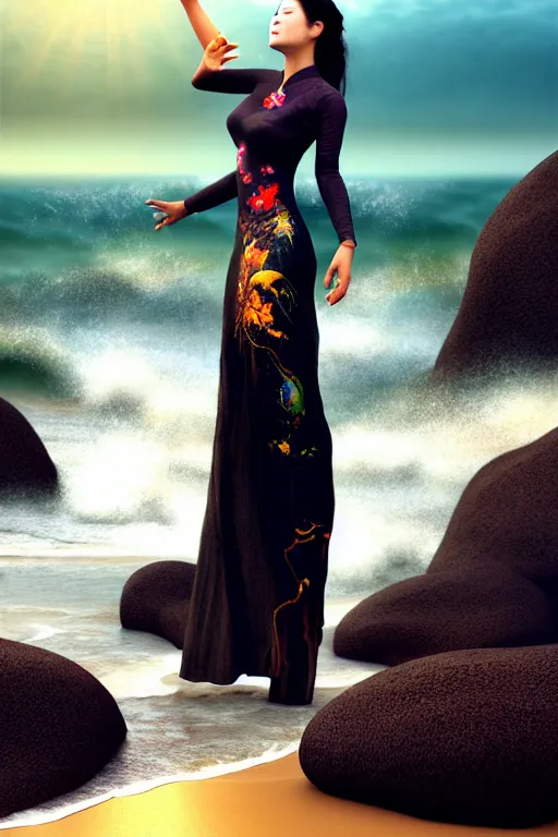 Image similar to ! dream photorealistic long shot of a dark mystical goddess wearing a qipao dress, big sun rough sea and jagged rocks, nets, plastic bottles, garbage, sand and sea, golden hour, ao dai, environmental, fantasy, atmospheric, hyper realistic, artstation, art by artgerm, andres rodriguez and john william waterhouse