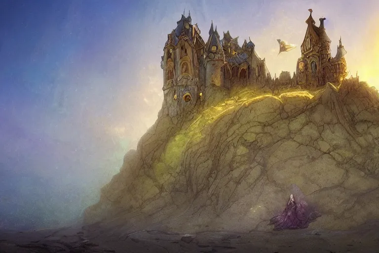 Image similar to wide angle view, a beautiful digital painting of a fairy castle made of sand on a beautiful coastline, tranquil day, magical, by greg rutkowski, brian froud, marc simonetti, jean - baptiste monge, and alphonse mucha, symmetry, complementary colors, ink illustration, trending on artstation