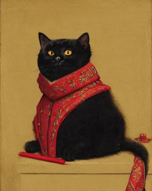 Image similar to fat dark gray cat!! with yellow eyes dressed like henry viii, tudor period robes in scarlet gold black, tudor bonnet, luxurious, opulent, regal, royal portrait, hans holbein the younger, greg rutkowski