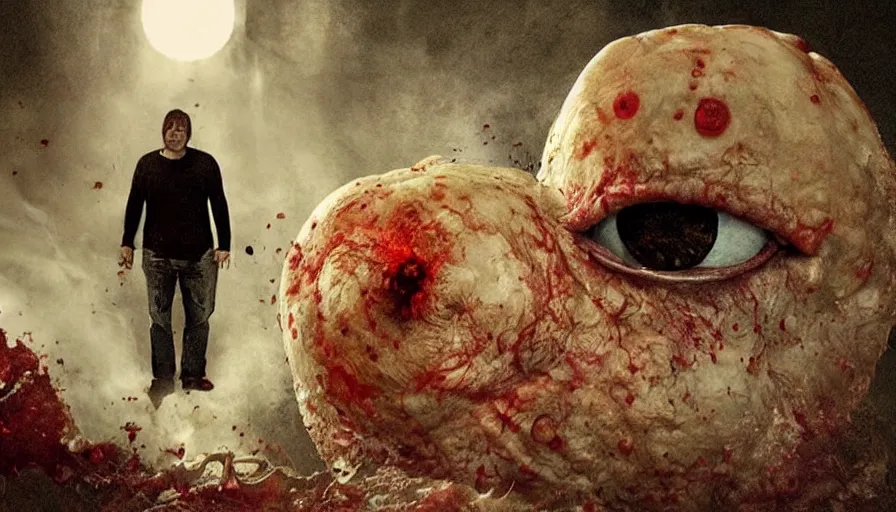 Image similar to Big budget horror movie about people being absorbed and digested by an eyeball blob monster.