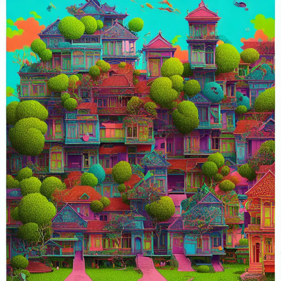 Image similar to surreal glimpse into other universe, peranakan house, summer morning, very coherent and colorful high contrast, art by!!!! gediminas pranckevicius!!!!, geof darrow, floralpunk screen printing woodblock, dark shadows, hard lighting, stipple brush technique,