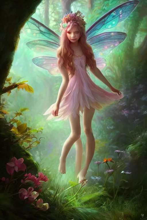 Image similar to a cute fairy in the dreamy forest, fantasy, dreamlike, 8 k resolution, hyper detailed, d & d, character design, digital painting, trending on artstation, sharp focus, illustration, art by viktoria gavrilenko, hoang lap, fuji choko, steve zheng