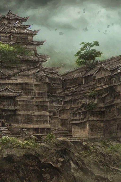 Prompt: detailed digital painting of old, ruined, japanese fort from sengoku period, overcast weather, environment concept art, photobash, overcast weather, unreal engine render, nanite