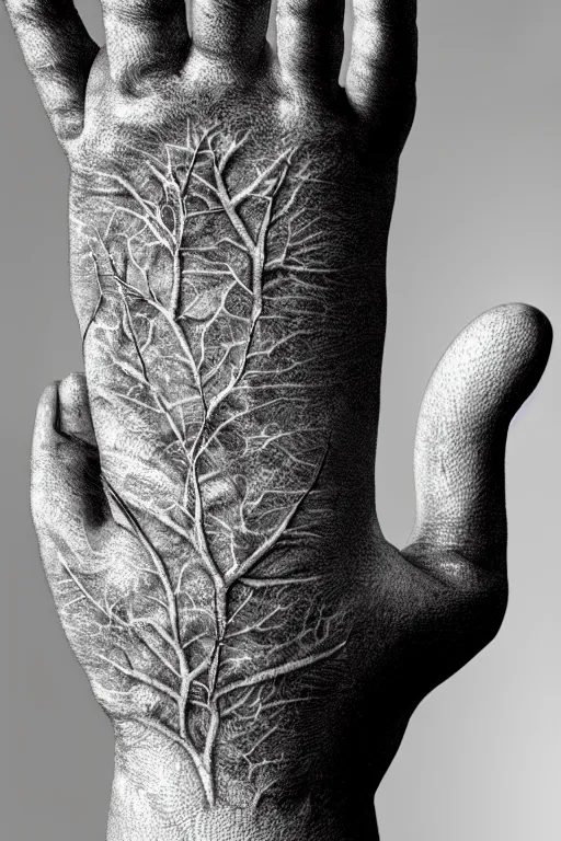 Image similar to hyper realistic beautiful detailed image of a human's palm hand with a tree growing on, white background, photorealistic, 4 k