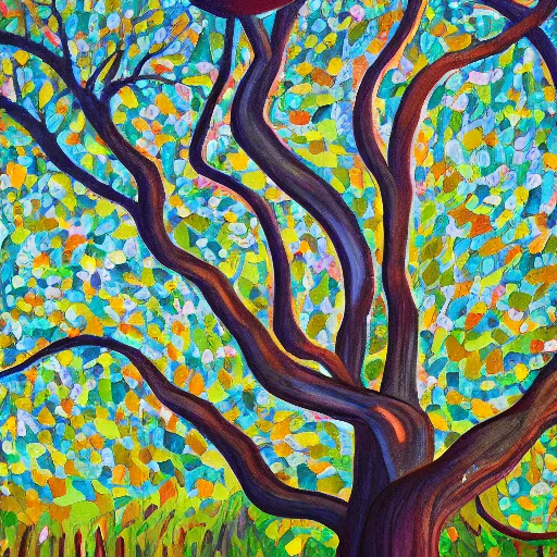 Image similar to a painting of a tree with lots of leaves, an ultrafine detailed painting by rachel reckitt, featured on dribble, metaphysical painting, oil on canvas, acrylic art, detailed painting