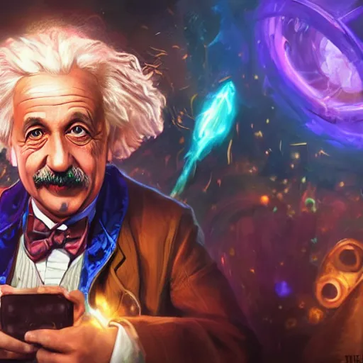 Image similar to portrait of albert einstein as willy wonka, league of legends amazing splashscreen artwork, fantasy, splash art, natural light, elegant, photorealistic facial features, intricate, fantasy, detailed face, atmospheric lighting, anamorphic lens flare, cinematic lighting, league of legends splash art, hd wallpaper, ultra high details by greg rutkowski