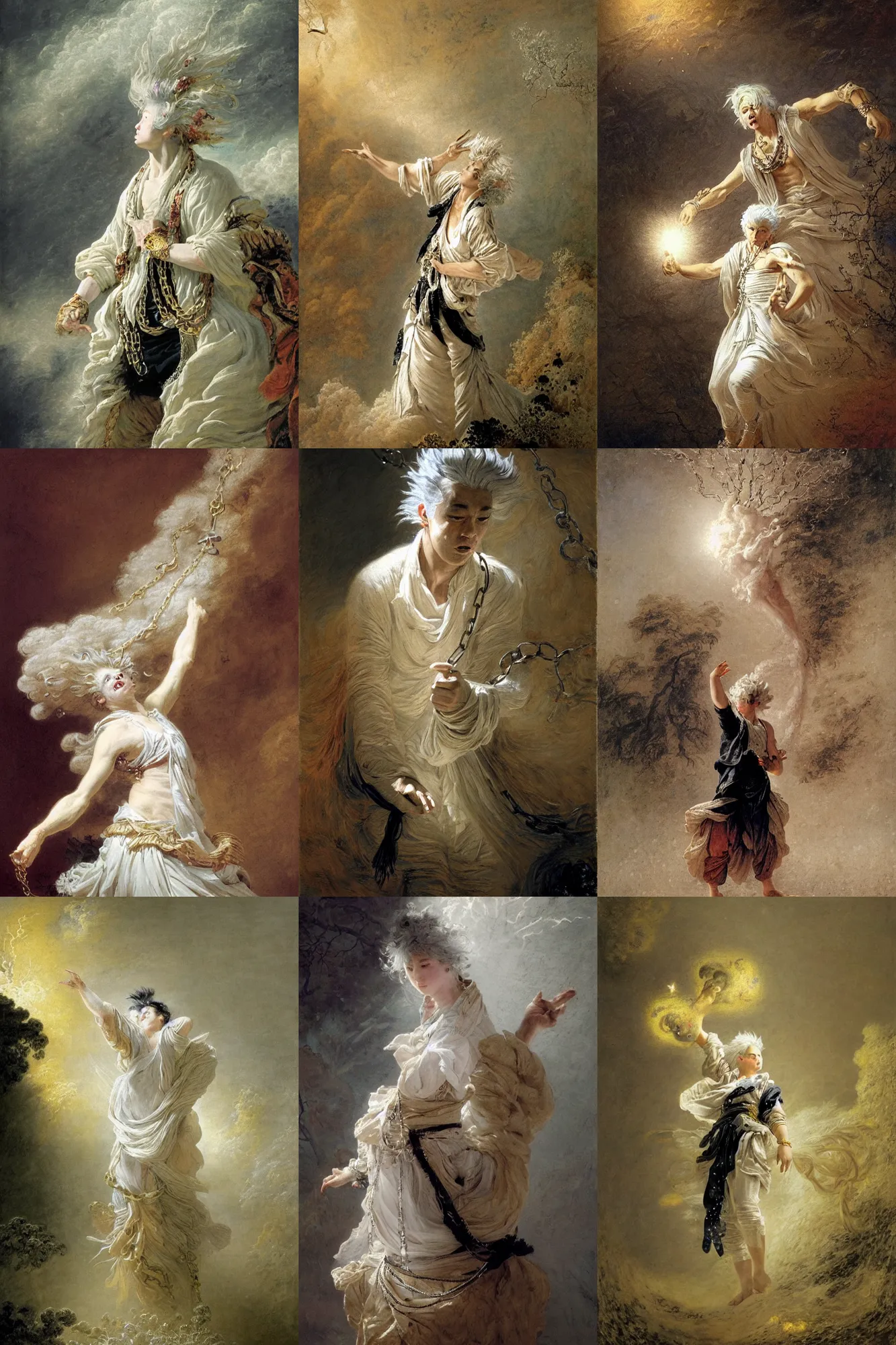 Prompt: briareus with light white hair and a white shirt with black vest, windy, chains on hands, stars, stoic, japanese, modern maximalist fashion dress, is ( ( with arms half lifted toward us ) ). light dust, magnificent, hyperdetailed, theatrical, painted by jean honore fragonard and greg rutkowski