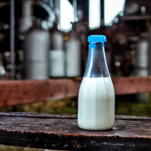 Image similar to bottle of milk, over a rusted metal table inside slaughterhouse