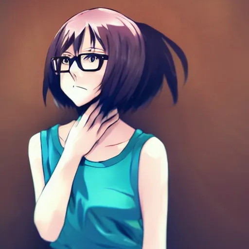 Prompt: full upper-body portrait of a cute anime girl with short black hair and glasses, attractive character, colored sketch anime manga panel, trending on Pixiv
