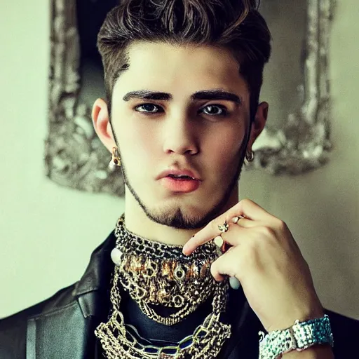 Prompt: a photographic character model design of a very handsome young confident man wearing excessive jewelry in an ornate and elegant way