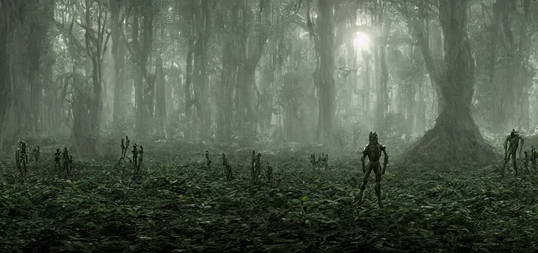 Prompt: a complex organic fractal 3 d metallic symbiotic ceramic humanoid megastructure creature in a swampy lush forest, foggy, cinematic shot, photo still from movie by denis villeneuve, wayne barlowe, sun rays