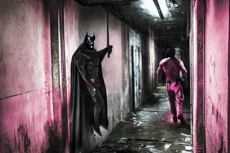 Image similar to batman wearing pink apron wielding an axe, chasing through old brown decrepit hallway, creepy smile, atmospheric eerie lighting, dim lighting, bodycam footage, photograph