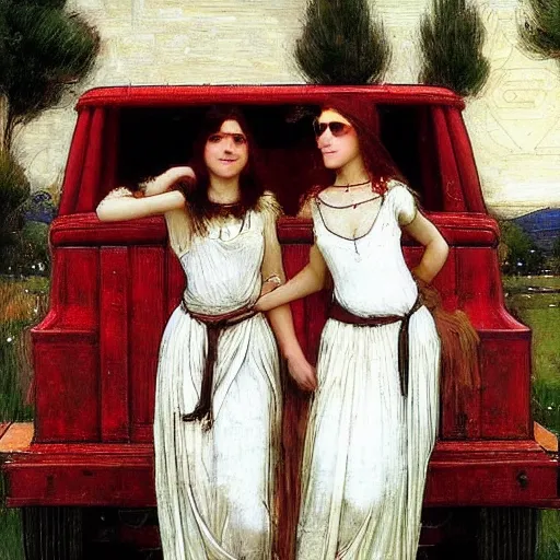 Image similar to two very very very beautiful women standing in front of a truck, smiling, flirty, perfect face, perfect body, digital art by john william waterhouse