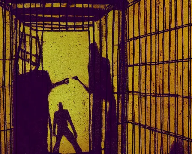 Prompt: a horrible shadowy monster looming over a man who is trapped in a cage, vibrant, long shot, abstract, horror, grainy