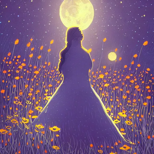 Image similar to breathtaking beautiful mystical illustration of a girl standing in a field of wild flowers gazing up at night sky, stars and milky way and moon, extreme foreshortening, bottom - up perspective, by akageno saru and thomke meyer and julia plath, trending on artstation, ballpoint, ultramarine and white