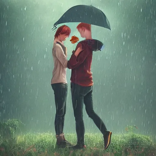 Image similar to a couple holding hands with plants growing out of their heads, growth of a couple, rainy day, atmospheric, bokeh matte masterpiece by artgerm by wlop by alphonse muhca