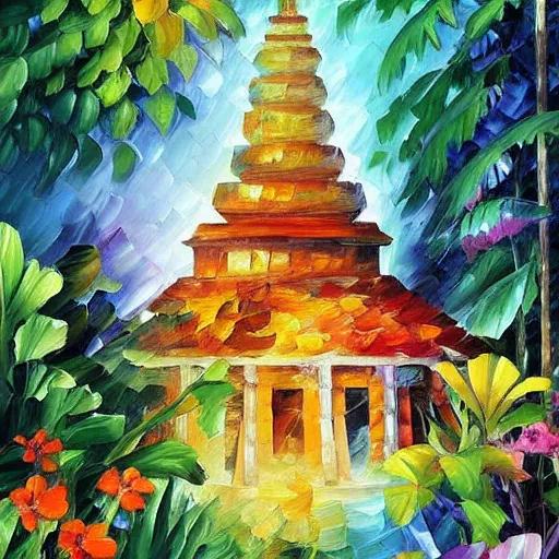 Prompt: a jungle temple surrounded by beautiful tropical flowers and plants, by leonid afremov