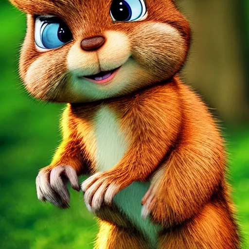 Prompt: very very very very cute Alvin the Chipmunk, portrait, pixar style, forest background, cinematic lighting, award winning creature portrait photography